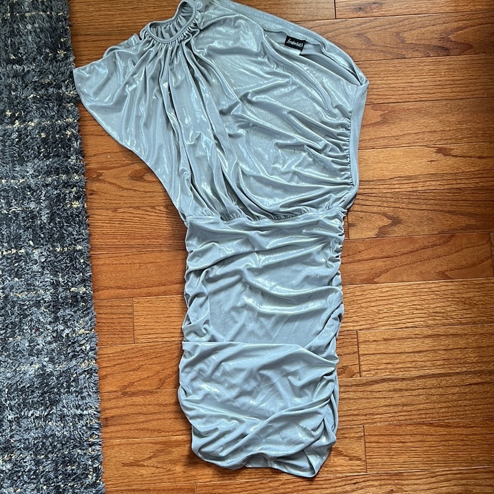 Shiny Silver Off Shoulder O-ring Mini Dress - Picture 2 of 7